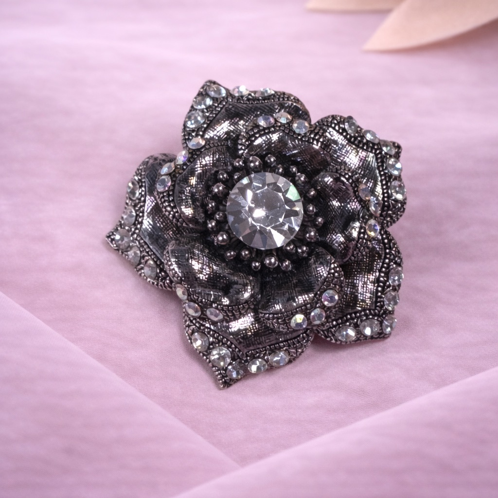 Vintage Style Silver Tone Rhinestone Flower Brooch Layered Petal Statement Pin